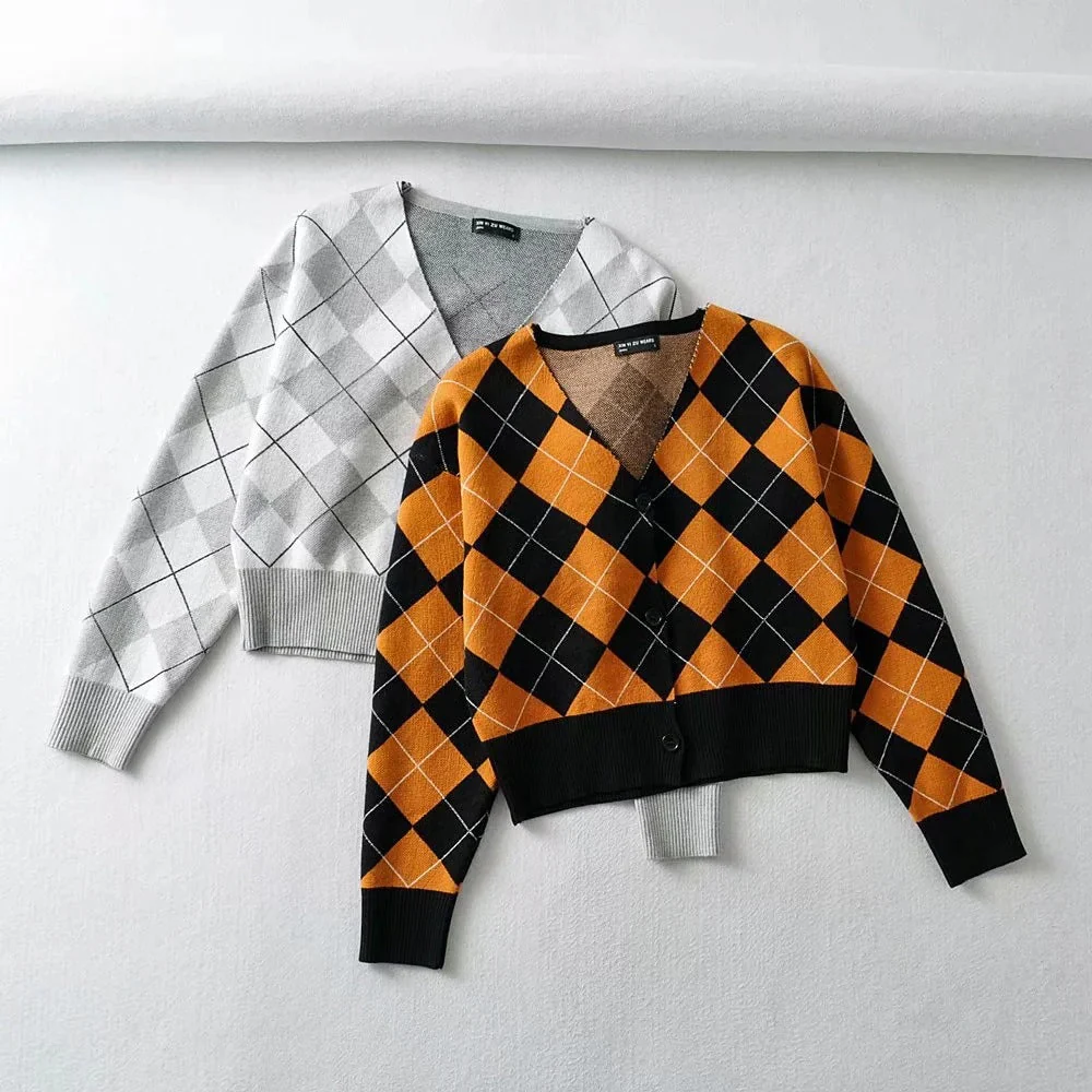 Plaid Preppy Argyle Cardigan - Image 3