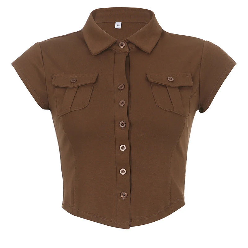 Pocket Button Down Cropped Blouse - Image 12