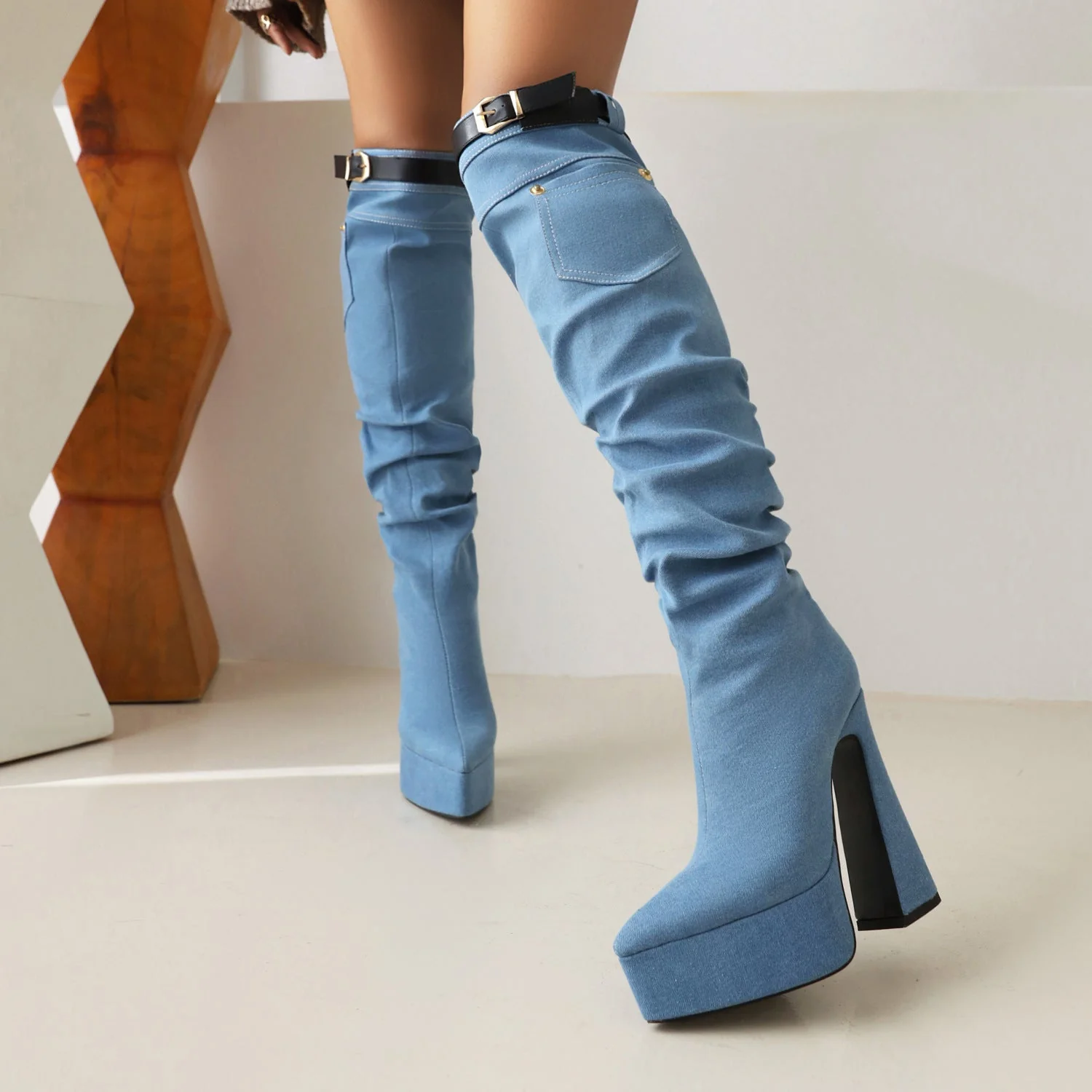 Pointed Toe Denim Over Knee Boots - Image 10
