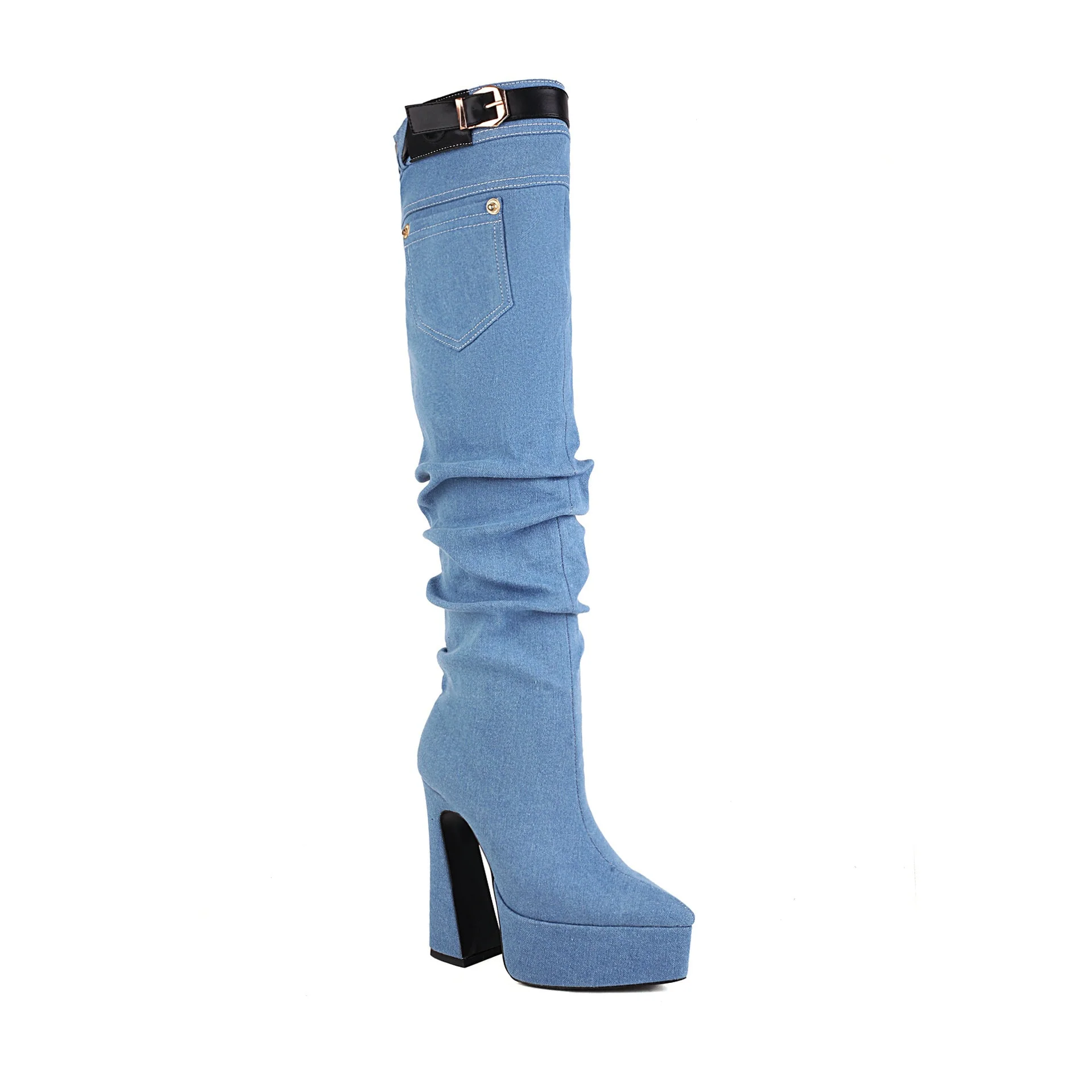 Pointed Toe Denim Over Knee Boots - Image 3