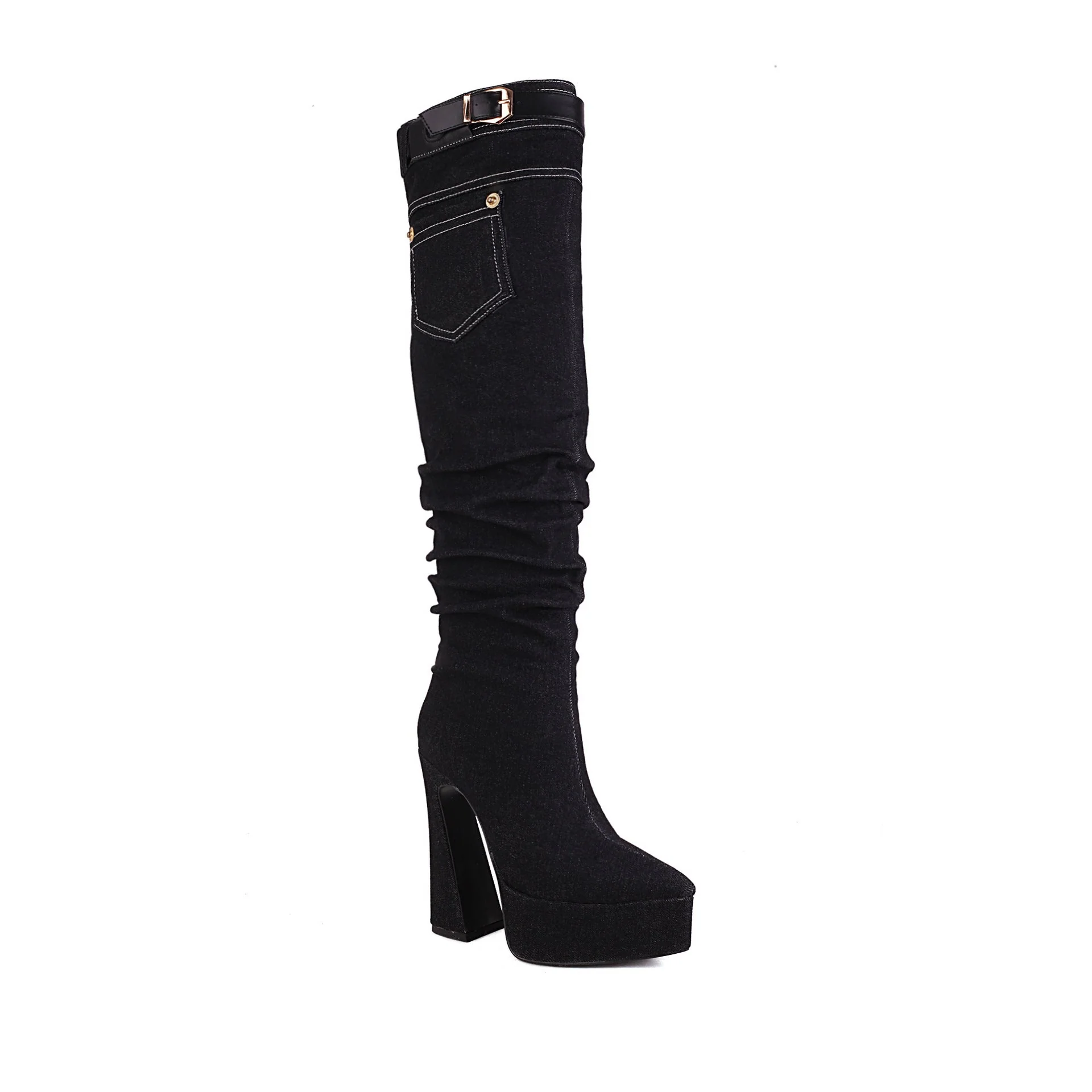 Pointed Toe Denim Over Knee Boots - Image 4