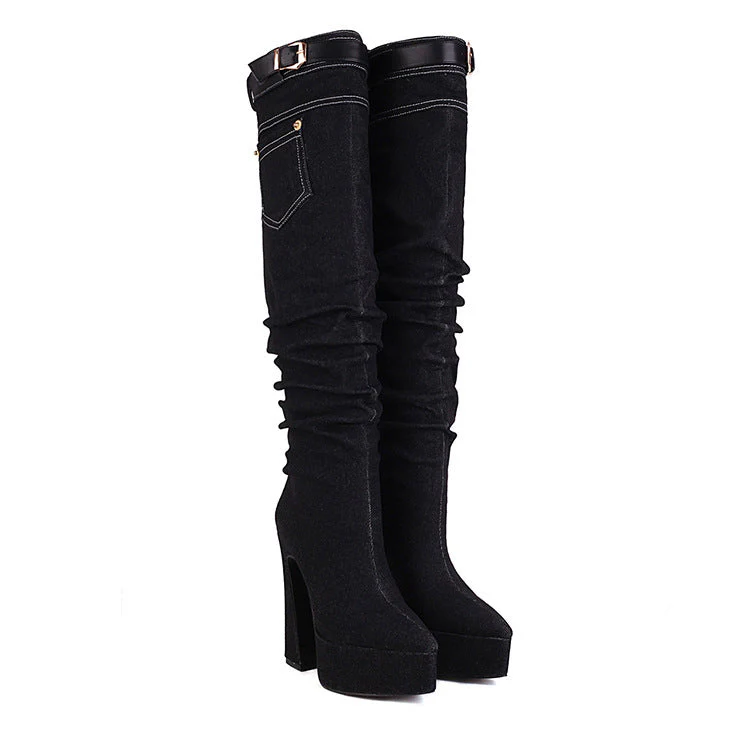 Pointed Toe Denim Over Knee Boots - Image 6