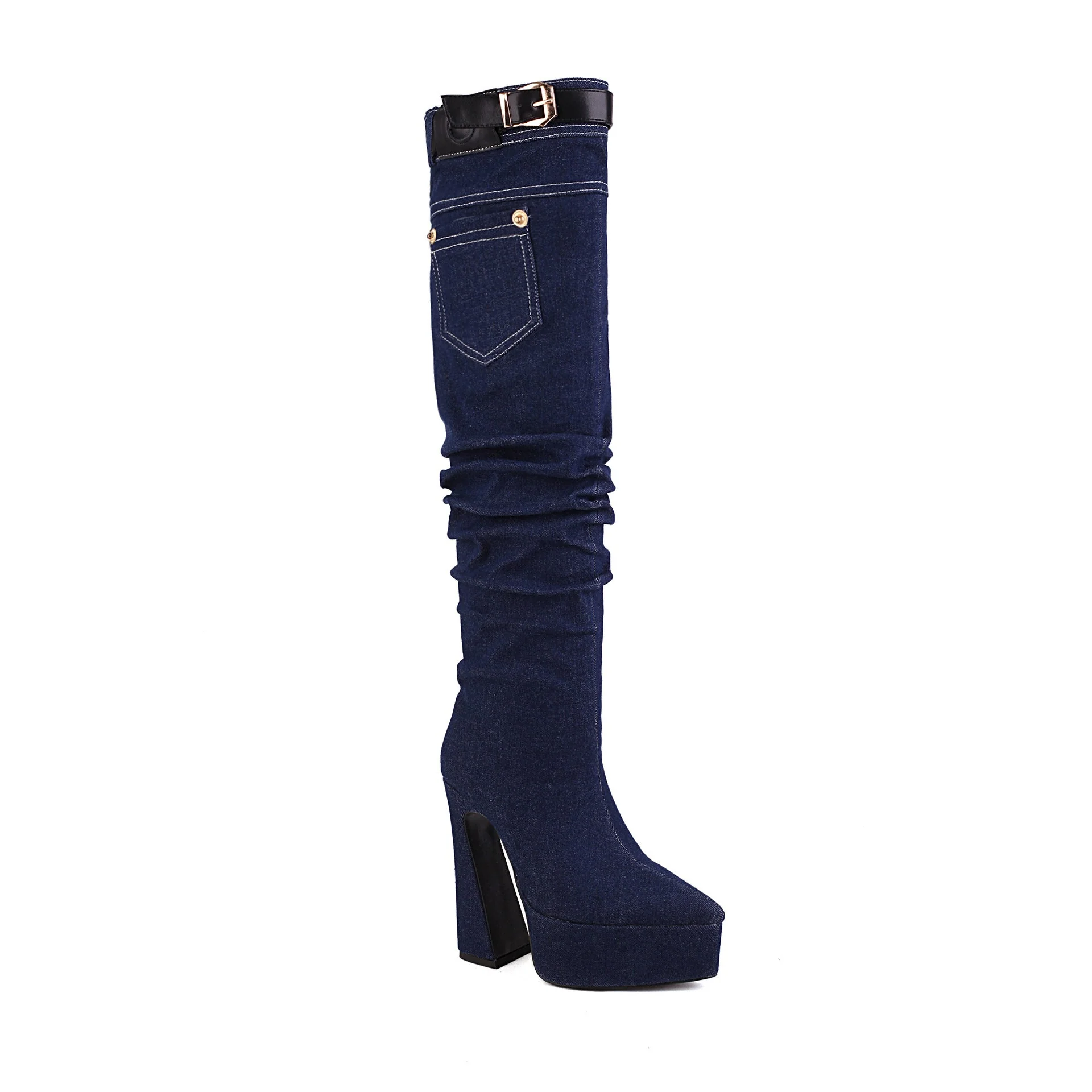 Pointed Toe Denim Over Knee Boots - Image 7