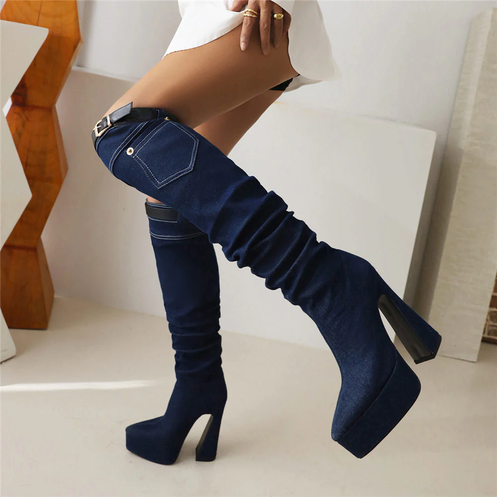 Pointed Toe Denim Over Knee Boots - Image 9