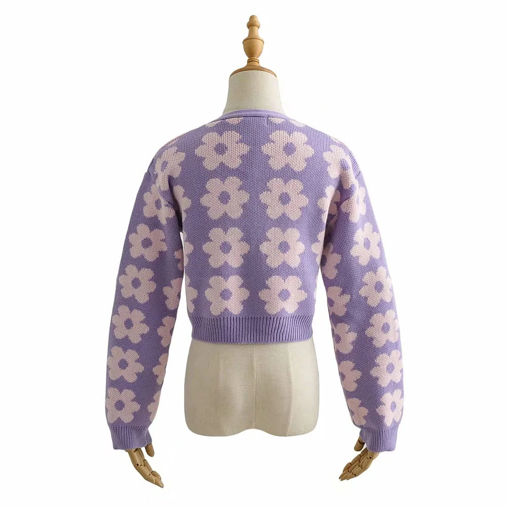 Pointelle Knit Floral Crop Cardigan - Image 2