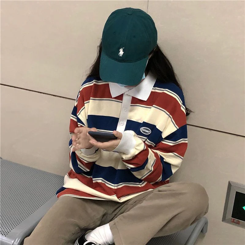 Polo Collar Stiped Oversized Long Sleeve Tee - Image 10
