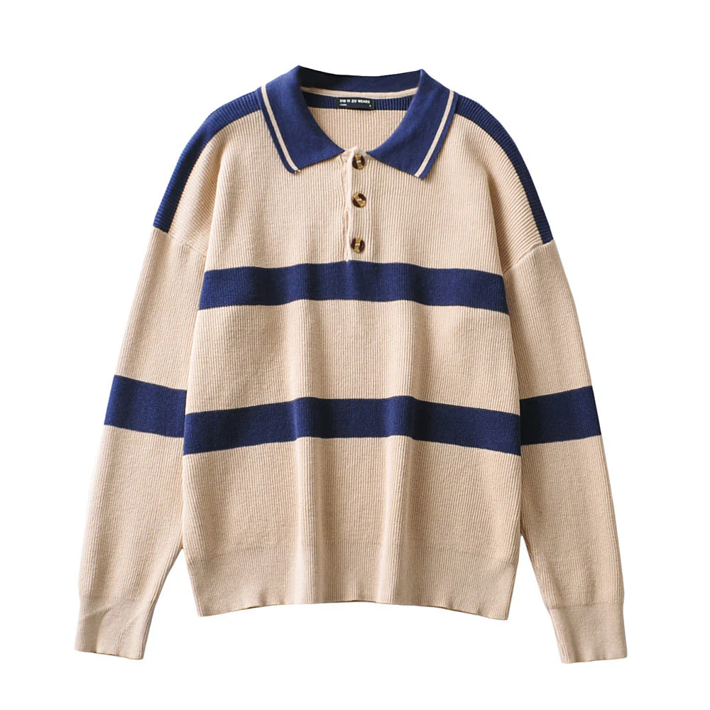 Polo Neck Button Striped Sweater - Image 2