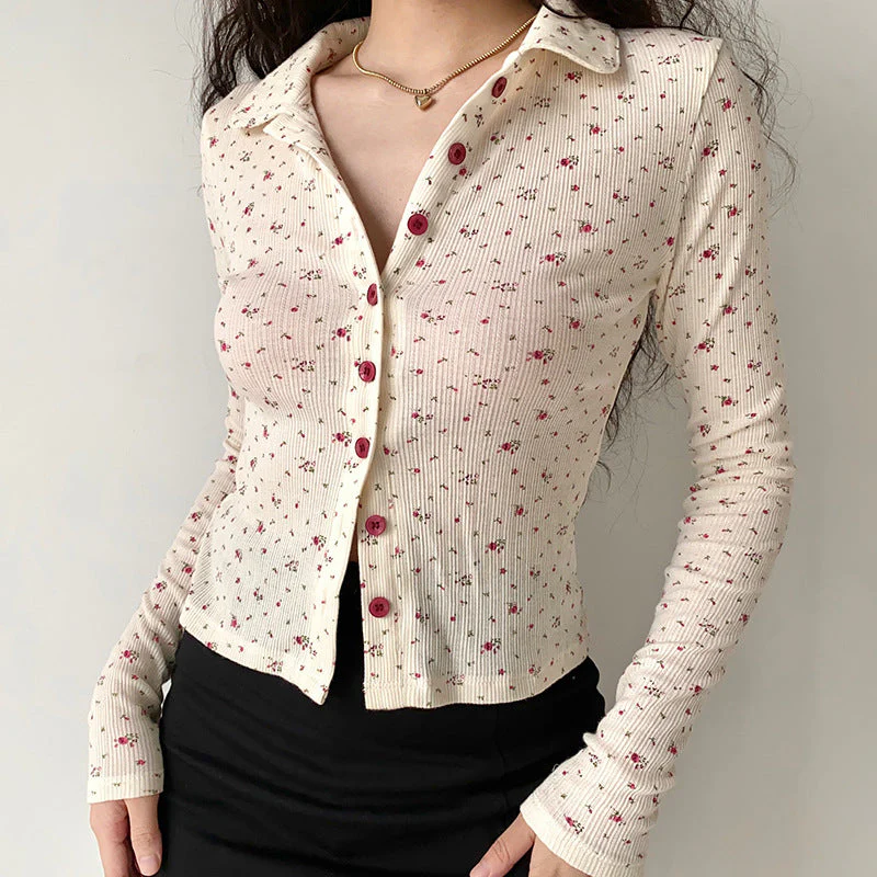 Polo Neck Floral Rib Blouse - Image 3