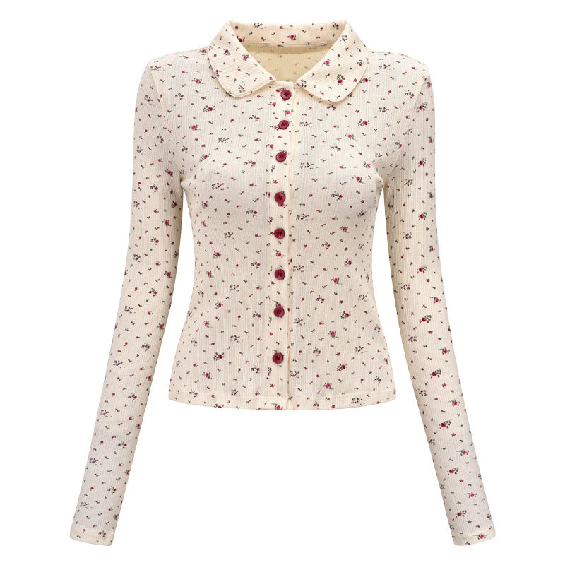 Polo Neck Floral Rib Blouse - Image 5