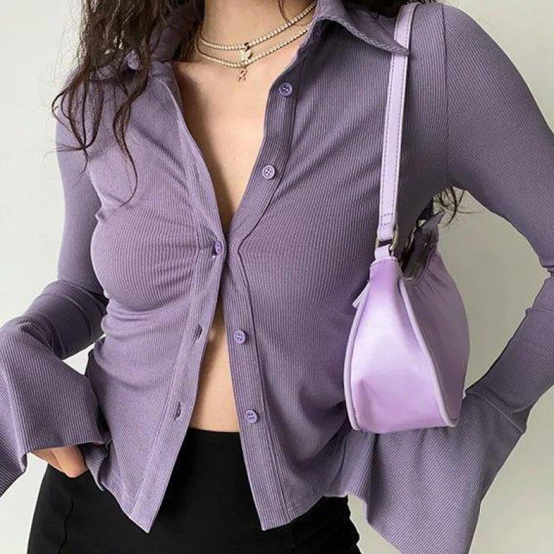 Polo Neck Long Sleeve Rib Blouse - Image 10
