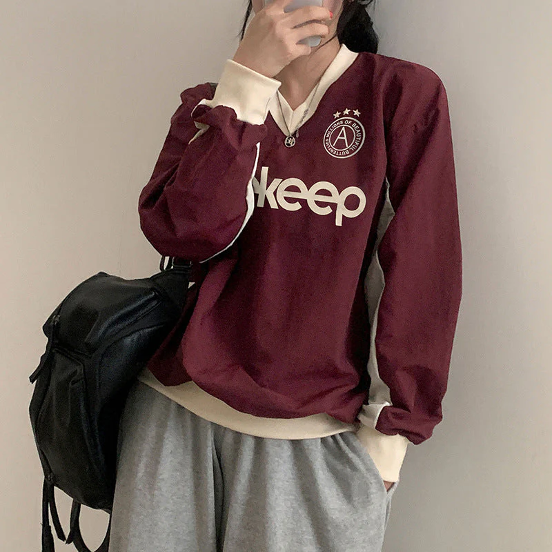 Preppy Contrast Color Letter Print V Neck Sweatshirt - Image 3