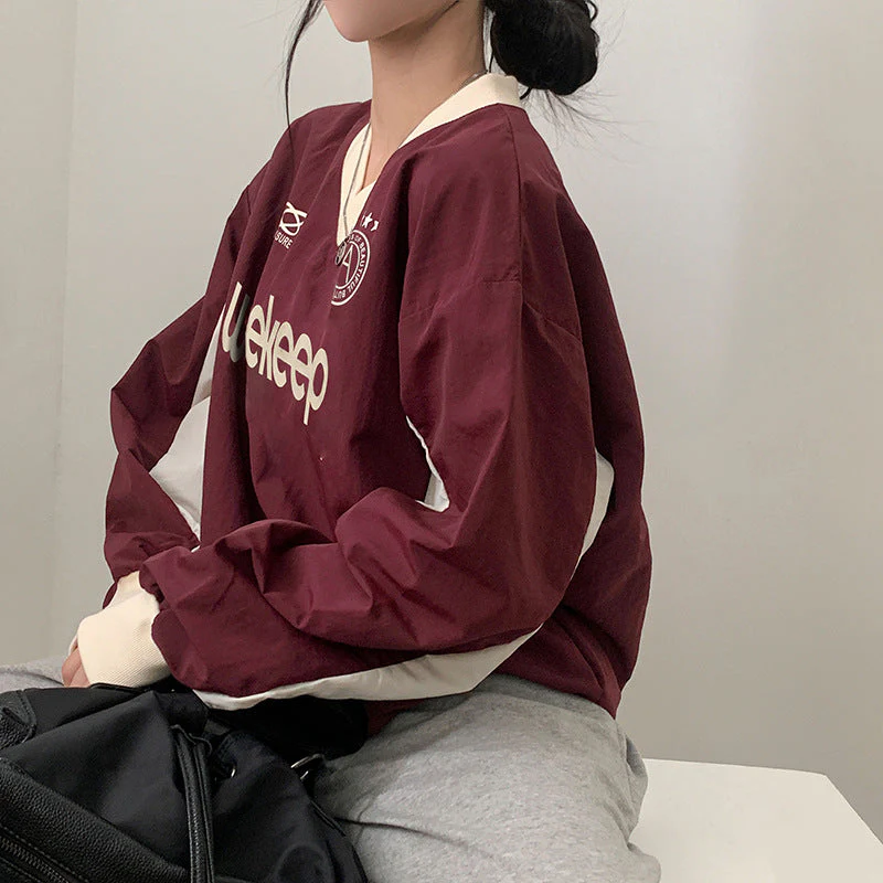 Preppy Contrast Color Letter Print V Neck Sweatshirt - Image 5