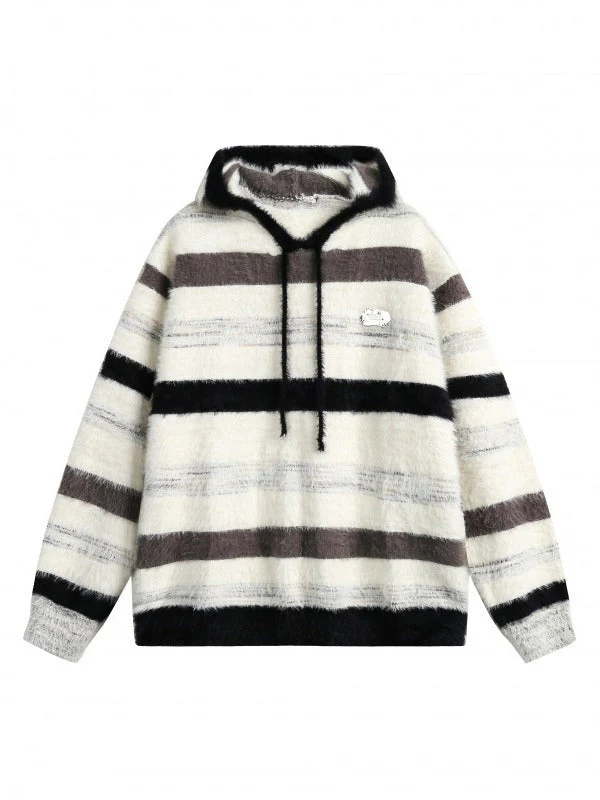 Preppy Contrast Color Stripe Fuzzy Hooded Sweater - Image 12
