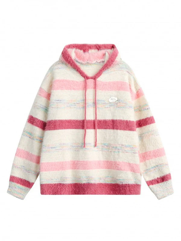 Preppy Contrast Color Stripe Fuzzy Hooded Sweater - Image 14