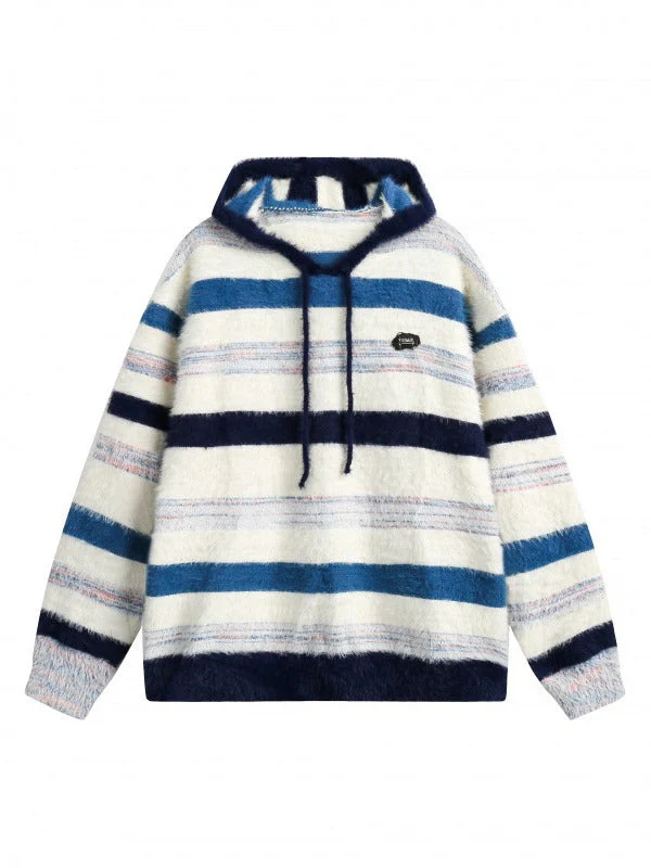 Preppy Contrast Color Stripe Fuzzy Hooded Sweater - Image 3