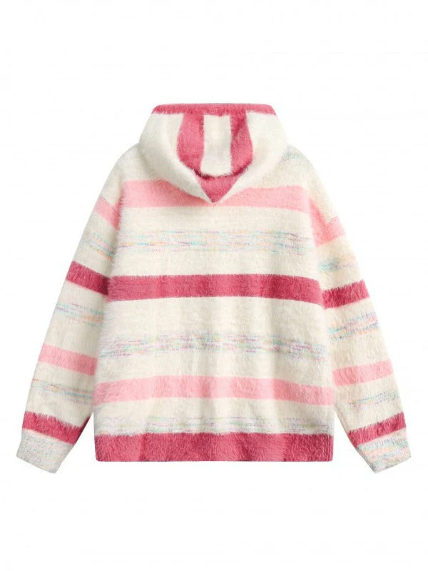 Preppy Contrast Color Stripe Fuzzy Hooded Sweater - Image 8
