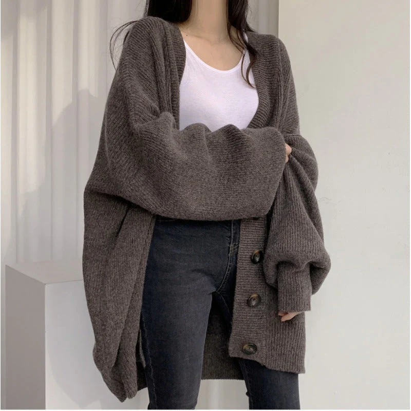 Preppy Solid Color V Neck Baggy Cardigan - Image 3