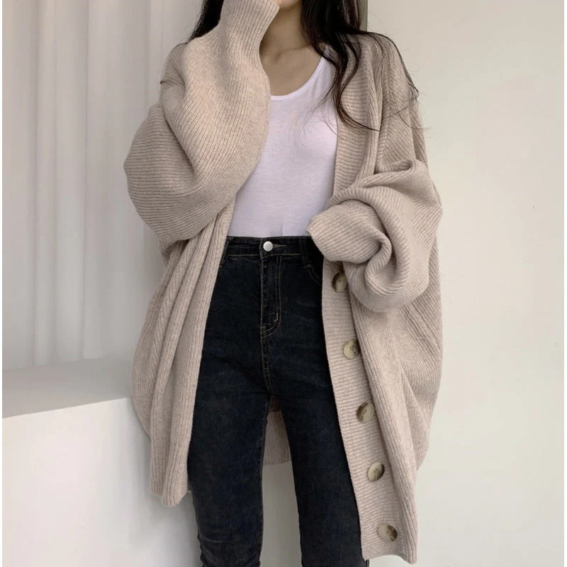 Preppy Solid Color V Neck Baggy Cardigan - Image 4