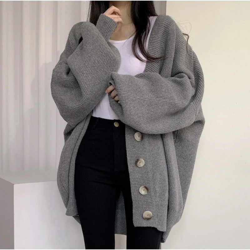 Preppy Solid Color V Neck Baggy Cardigan - Image 5
