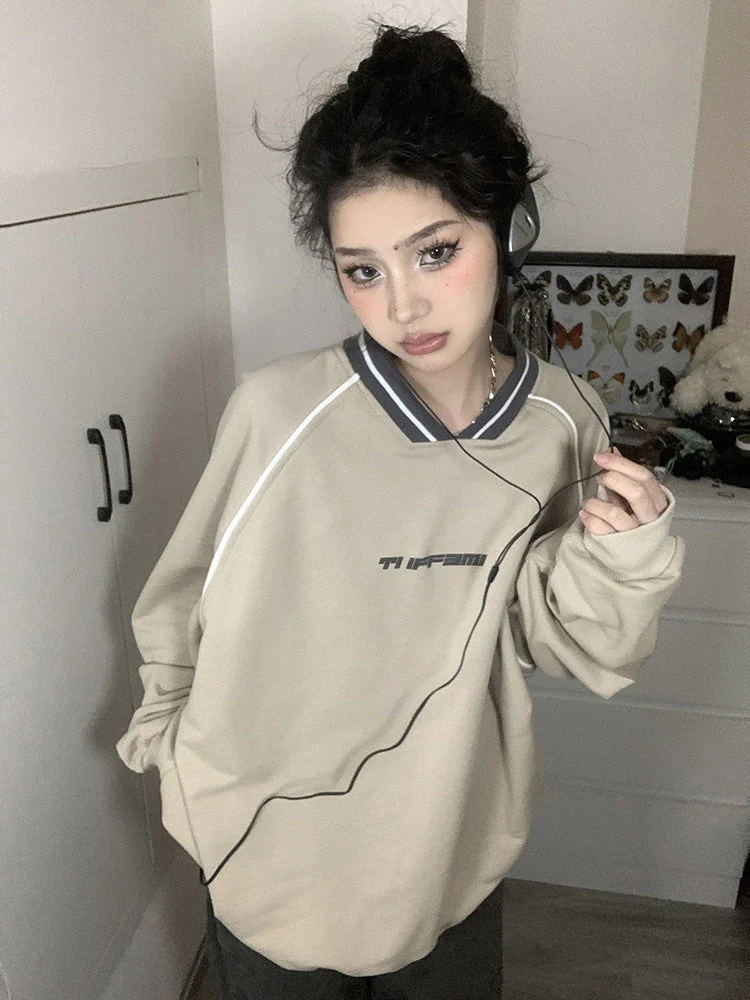 Print V Neck Patchwork Sweatshirt - Image 5