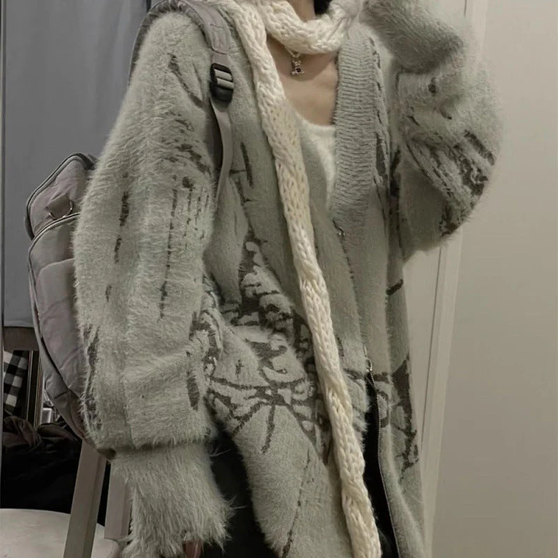 Print V Neck Zip Up Loose Cardigan - Image 3