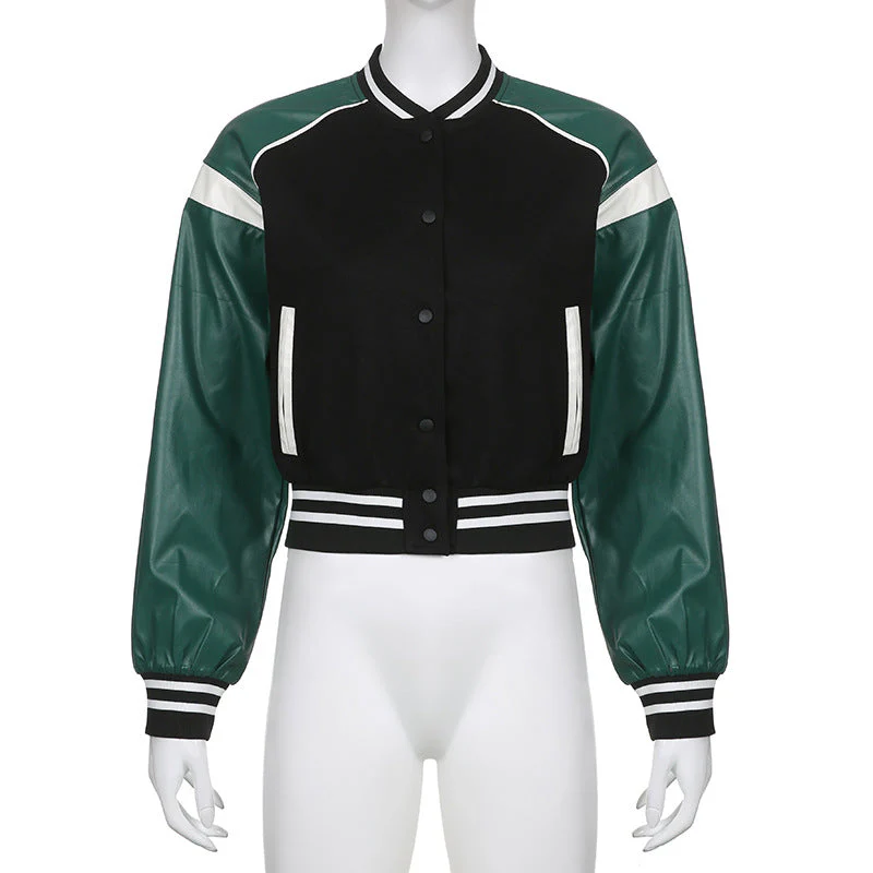 Pu Leather Paneled Cropped Varsity Jacket - Image 3