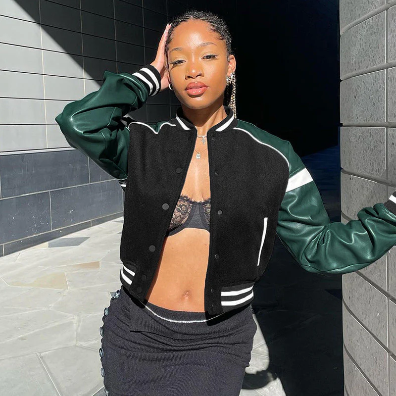 Pu Leather Paneled Cropped Varsity Jacket - Image 6