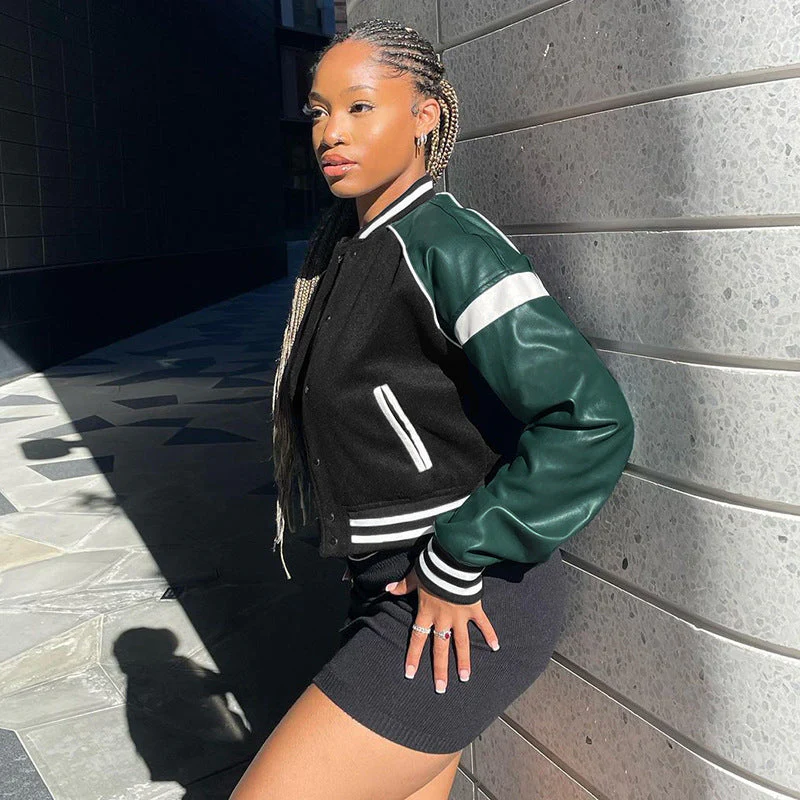 Pu Leather Paneled Cropped Varsity Jacket - Image 7