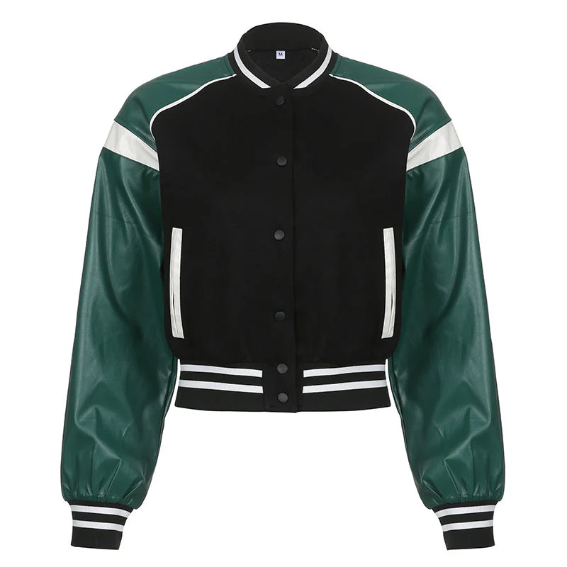 Pu Leather Paneled Cropped Varsity Jacket - Image 8