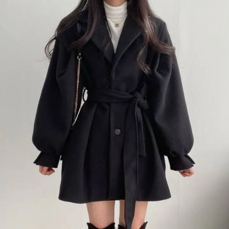 Puff Sleeve Belted Woolen Coat - Image 4