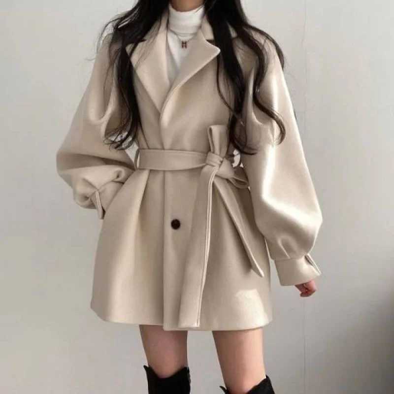 Puff Sleeve Belted Woolen Coat - Image 7