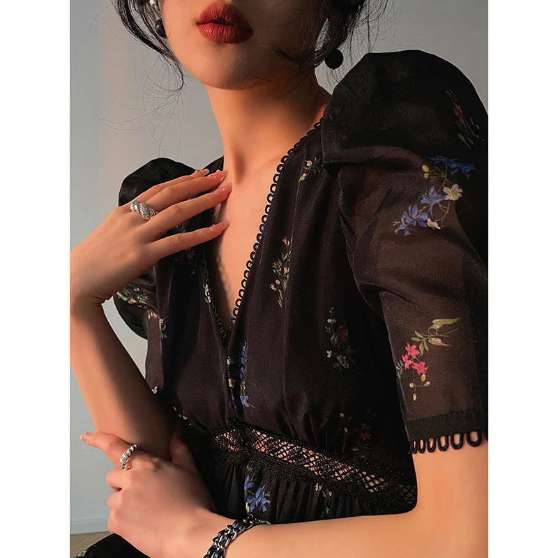 Puff Sleeve V-Neck Floral Maxi Dress - Image 6