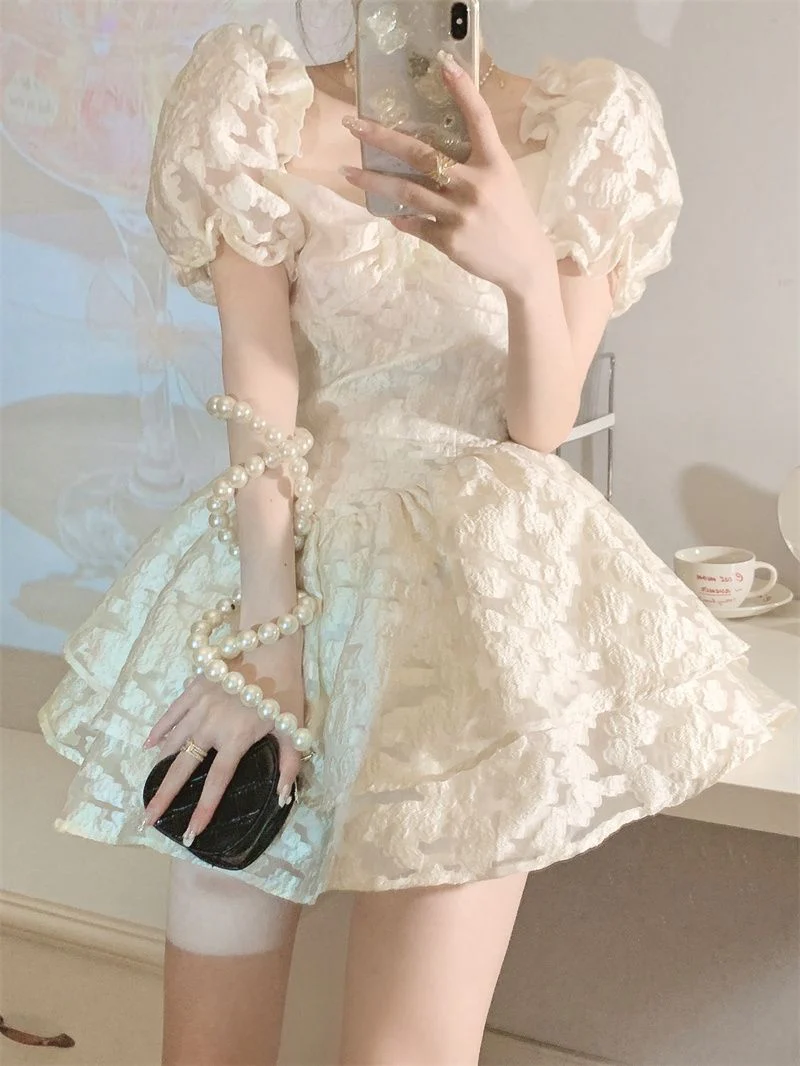 Puffed Sleeves Cinched Waist Slimming Puffy Dress - Image 2