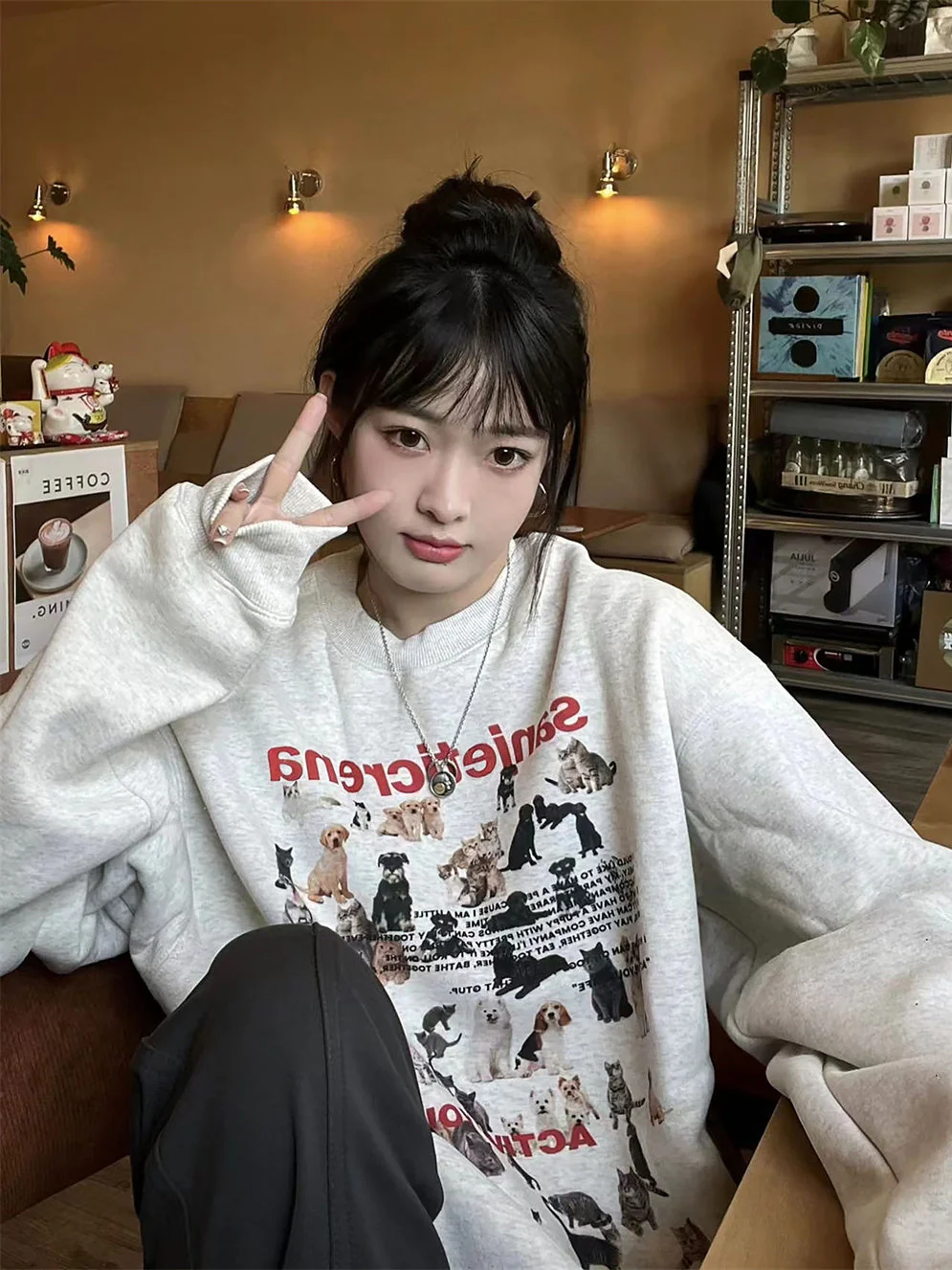 Puppy Cat Print Loose Sweatshirt - Image 8