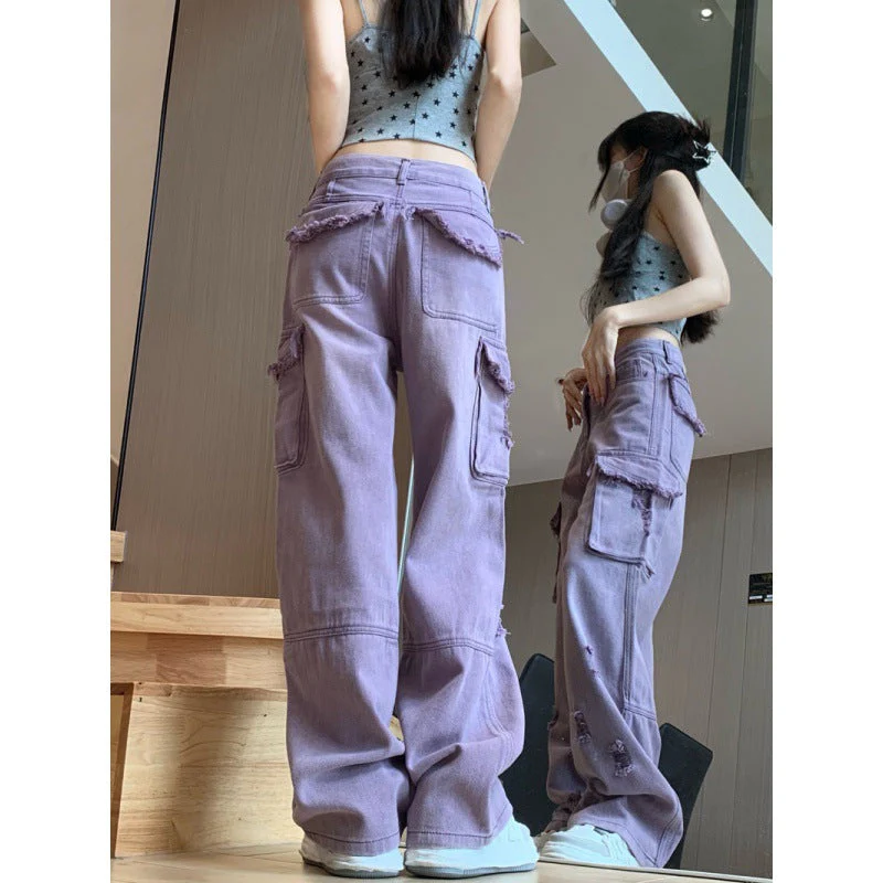 Purple Washed Distressed Ripped Cargo Cargo Jeans - Image 9