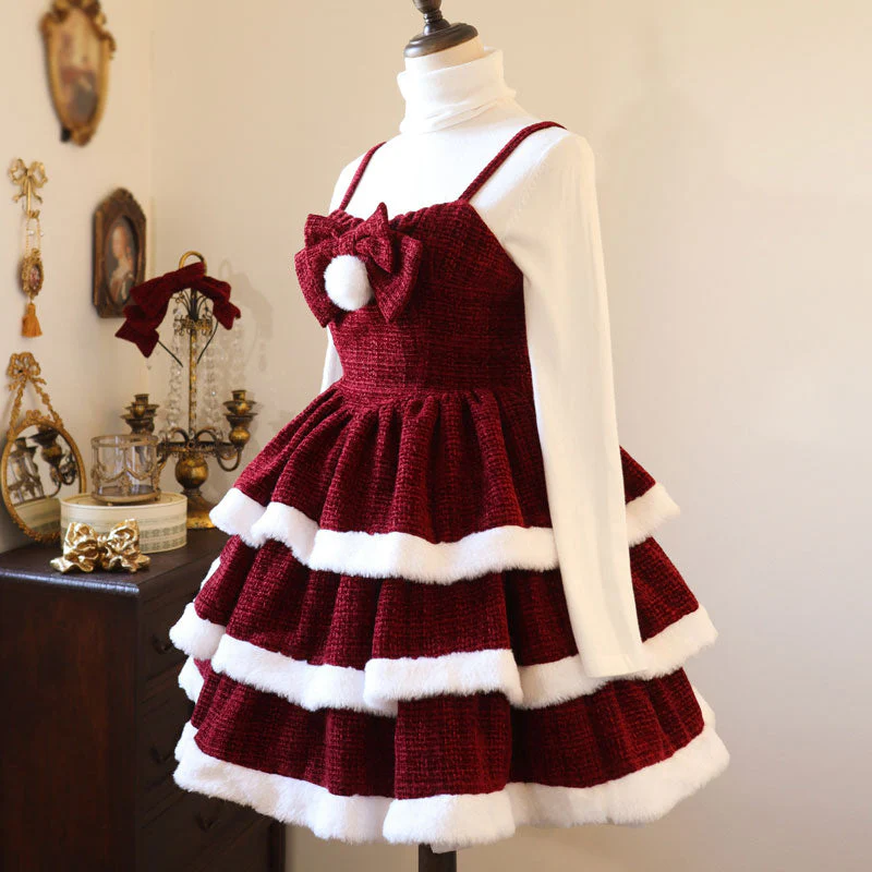 Red Plush Bow Dress Cape Set - Image 3