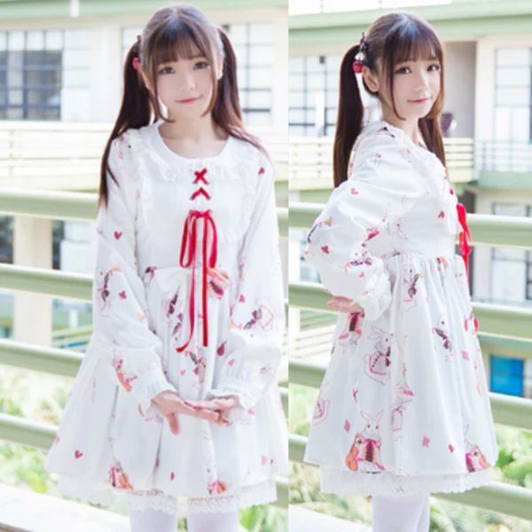 Red/White Bunny Printed Dress - Image 3