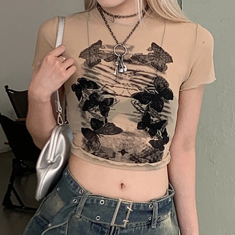 Retro Mesh Butterfly Print Short Sleeve Tee - Image 4