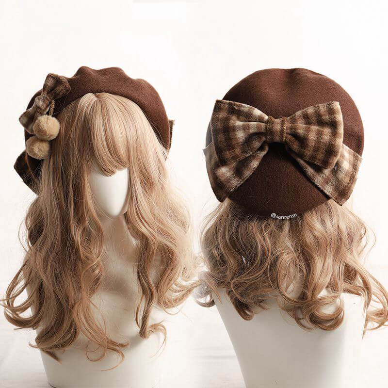 Retro Plaid Bow Beret Cap - Image 3