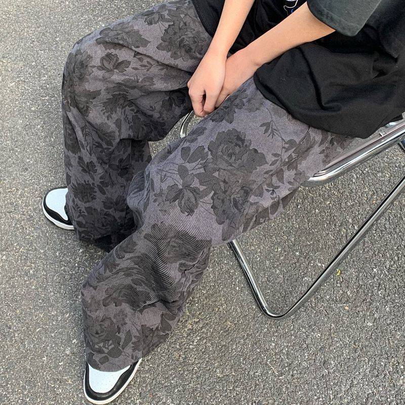 Retro Printed Flowers Corduroy Pants - Image 4