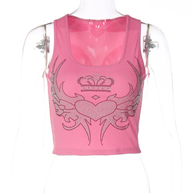 Rhinestone Winged Heart Ribbed Cropped Tank Top - Image 4