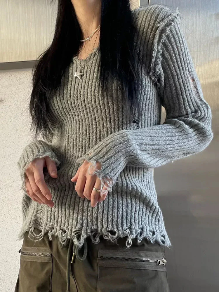 Ribbed Tattered V Neck Sweater - Image 8