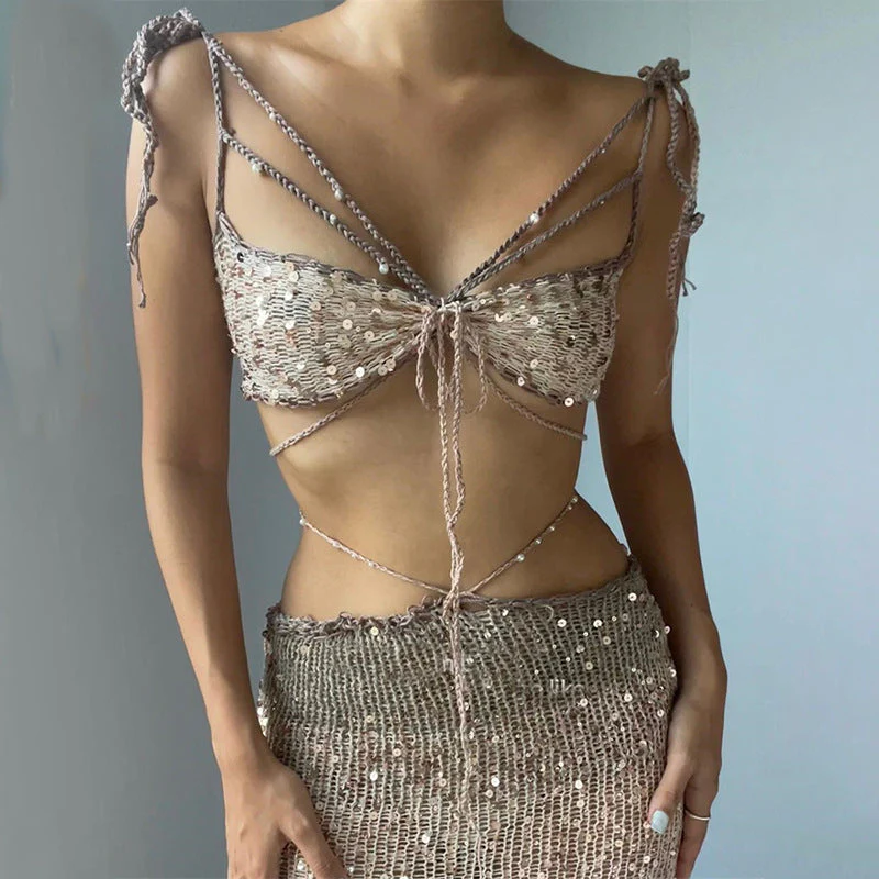 Sequin Strappy Knit Tank Top Tulle Skirt Suit - Image 2
