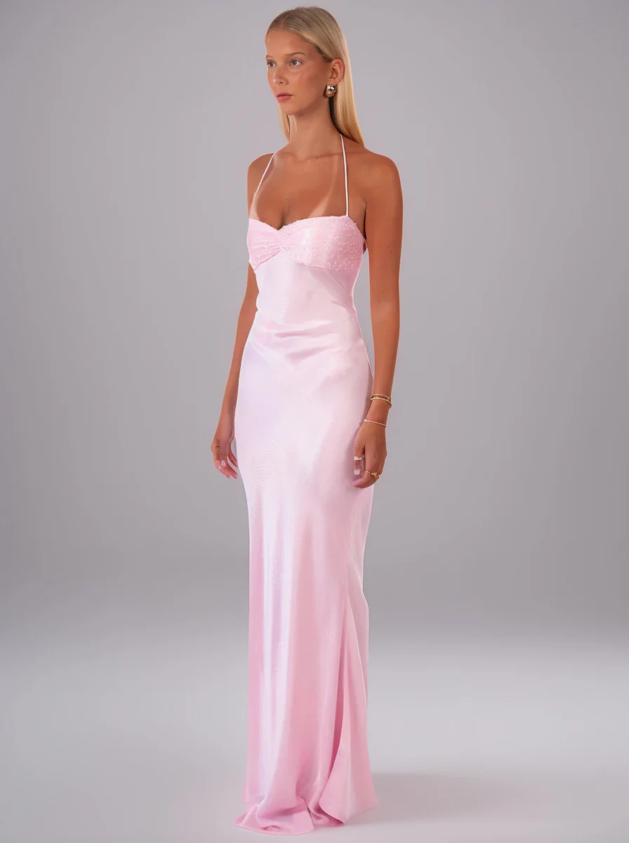 Sequined Satin Solid Color Open Back Tie Hip Dress - Image 2