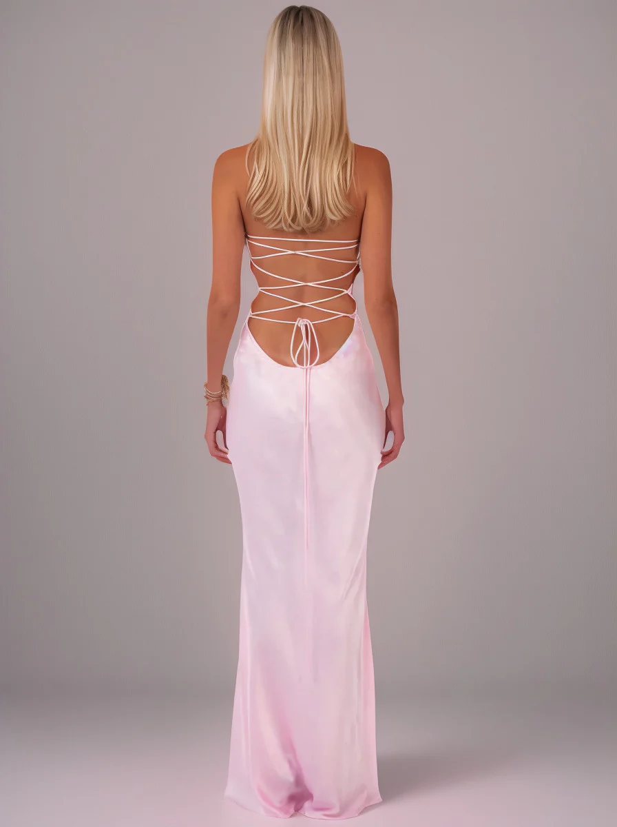 Sequined Satin Solid Color Open Back Tie Hip Dress - Image 3