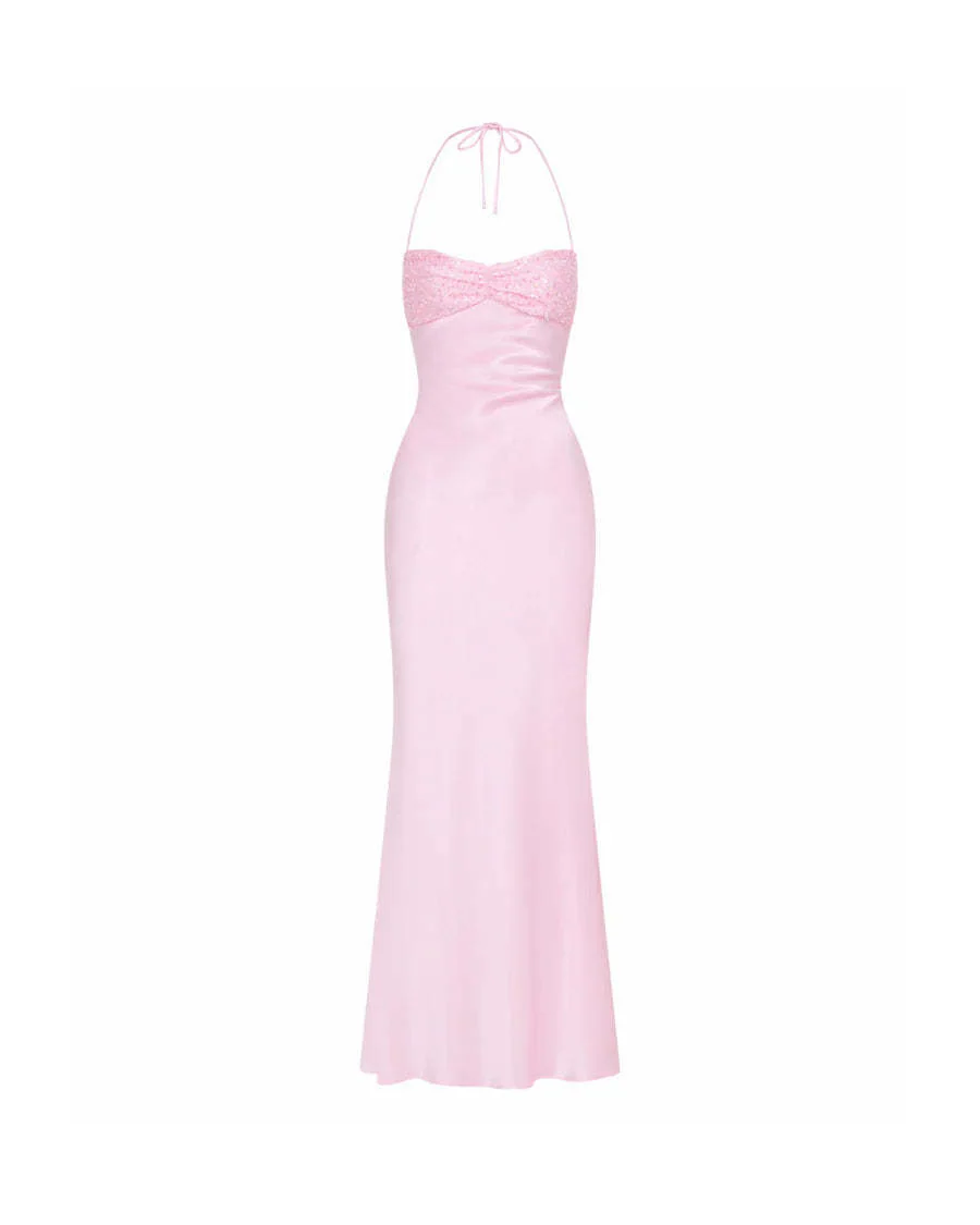 Sequined Satin Solid Color Open Back Tie Hip Dress - Image 4