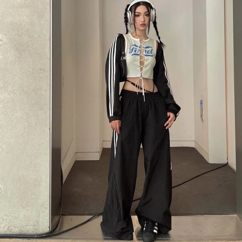 Side Striped Black Wide Leg Sweatpants - Image 9