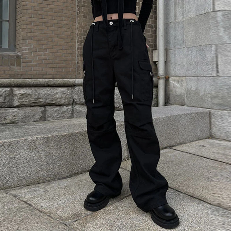 Size Friendly Pocket Drawstring Parachute Cargo Pants - Image 4