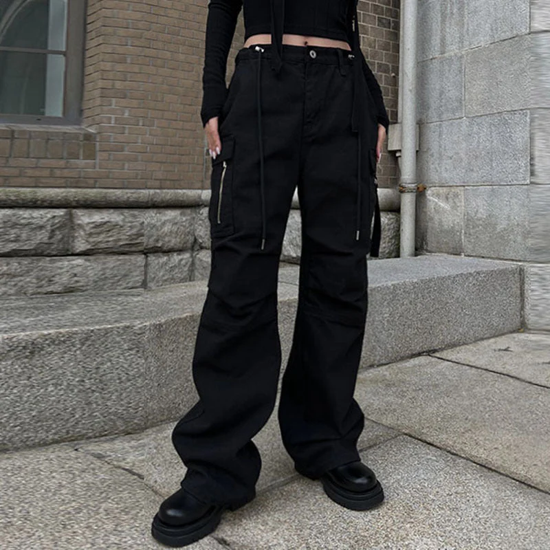 Size Friendly Pocket Drawstring Parachute Cargo Pants - Image 5