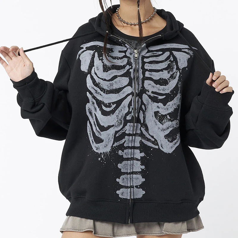 Skeleton Print Zip Up Loose Oversized Hoodie - Image 3